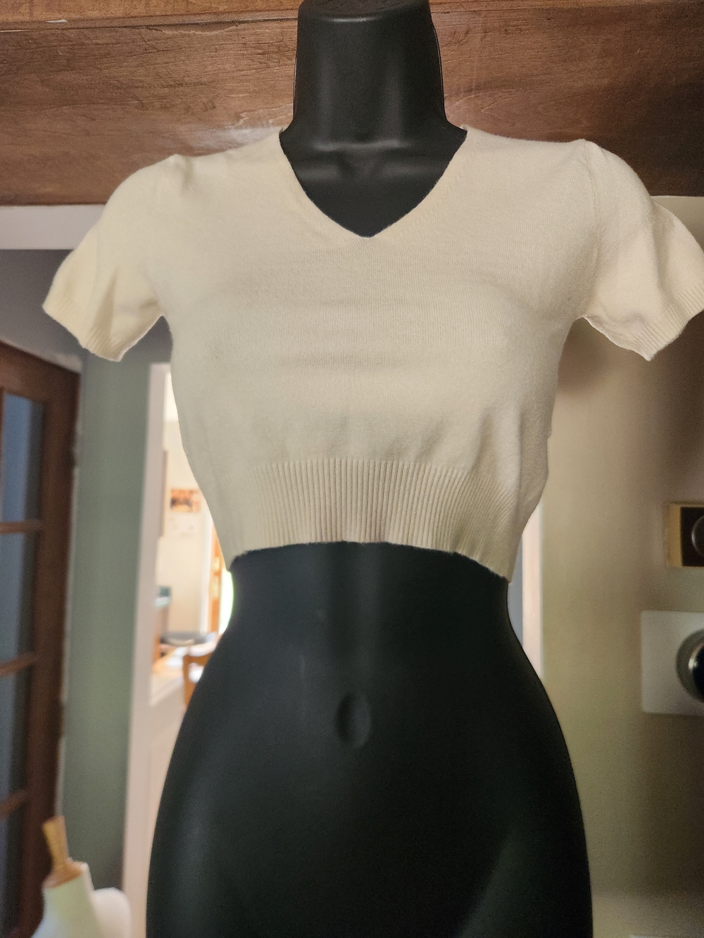 Brandy Melville Cream V-Neck Cropped Knit Top